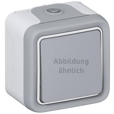 Ein quadratischer, grauer und weißer Lichtschalter mit der Beschriftung 'Abbildung ähnlich'.