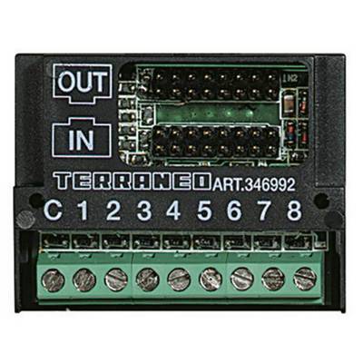 Schwarzes elektronisches Bauteil mit Aufschrift 'TERRANEO ART. 346992'. Markierungen 'IN' und 'OUT', nummerierte Anschlüsse 1-8.