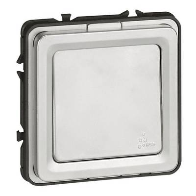 Metallener, quadratischer Lichtschalter mit IP55-Schutzgrad, geeignet für feuchte Umgebungen.