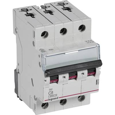 Ein dreipoliger Sicherungsautomat mit der Aufschrift 'Legrand' und der Bezeichnung 'C8'. Dient zum Schutz elektrischer Schaltungen.