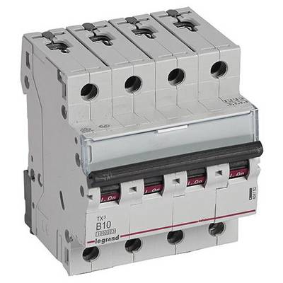 Ein vierpoliger Schutzschalter mit der Aufschrift 'Legrand TX³ B10', geeignet zum Schutz elektrischer Stromkreise in Gebäuden.