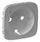 Silberne Kunststoffabdeckung für eine elektrische Steckdose, quadratisch mit abgerundeten Ecken, seitliche Befestigungselemente sichtbar.