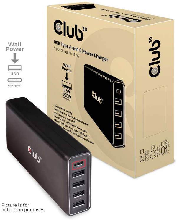 club3D Club 3D CAC-1903 - Netzteil - AC 100-110/240 V USB Ladestation 111 W 4x USB-C®, 1x USB-A USB PD Schwarz Innenbereich
