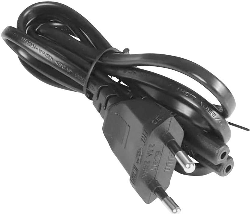 Ein schwarzes Netzkabel mit zweipoligem Stecker und geflochtendem Kabel ist aufgerollt und liegt auf einer weißen Oberfläche.