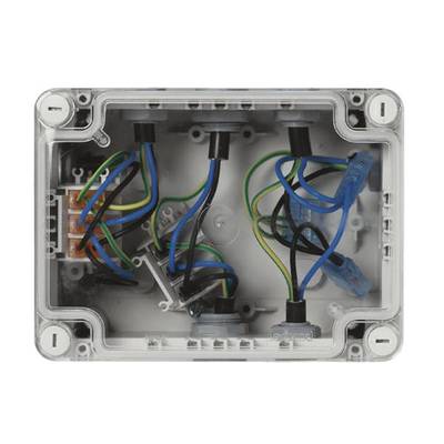 Ein transparenter Anschlusskasten zeigt bunte Drähte und Klemmen im Inneren, passend für elektrische Installationen.