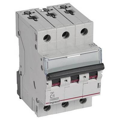 Ein dreipoliger Leistungsschalter, Modell 'TX3 C1 Legrand', grau, zur Absicherung elektrischer Stromkreise in Verteilungen.