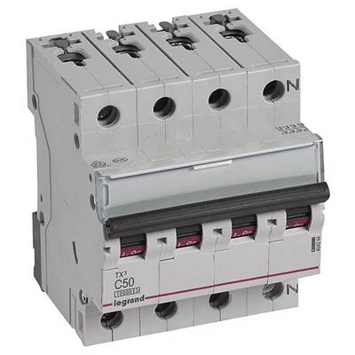 Ein grauer, vierpoliger Leistungsschalter von Legrand mit Beschriftungen 'C50' und 'TX3', geeignet zur Steuerung elektrischer Stromkreise.