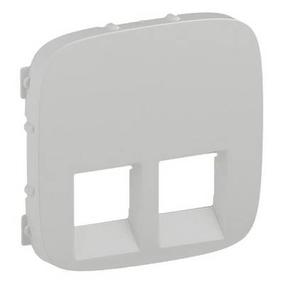 Grau-weiße Abdeckung für zwei Netzwerkanschlüsse, geeignet für Wandmontage. Quadratische Form mit abgerundeten Ecken.