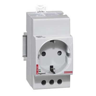 'Industrieelektrosteckdose von Legrand, grau, geeignet für 250V und 16A. Schuko-Standard, geeignet zur DIN-Schienenmontage.'