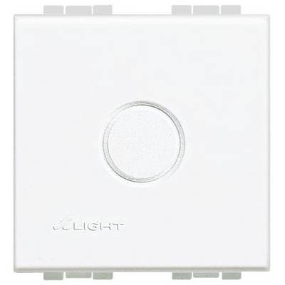 Ein weißer quadratischer Lichtschalter mit einem großen runden Druckknopf in der Mitte. Darunter ist das Logo 'LIGHT' sichtbar.