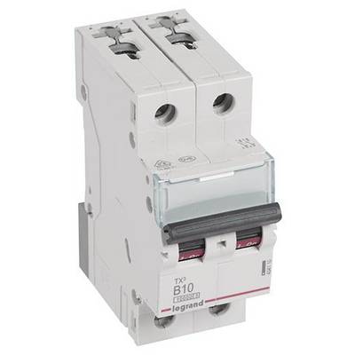 Ein zweipoliger Sicherungsautomat mit der Aufschrift 'B10'. Er dient zum Schutz vor Überlastung und Kurzschlüssen in elektrischen Stromkreisen.