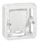 Weiße, quadratische Unterputzdose mit Öffnungen für Elektrokabel, geeignet zur Installation an Wandflächen.