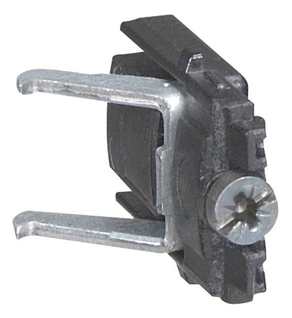 Ein Metallklammerbauteil mit zwei herausragenden Armen und einer zentralen Schraube. Verwendet für mechanische Befestigungen.