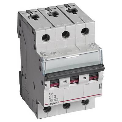 'Dreipoliger Leistungsschalter, Aufschrift: TX³ C10. Hersteller: Legrand. Verwendet im Elektroinstallationsschutz.'