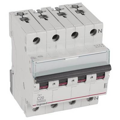 Ein vierpoliger Leistungsschalter von Legrand zur Sicherung von elektrischen Stromkreisen, mit Kippschaltern für Ein/Aus-Funktion.