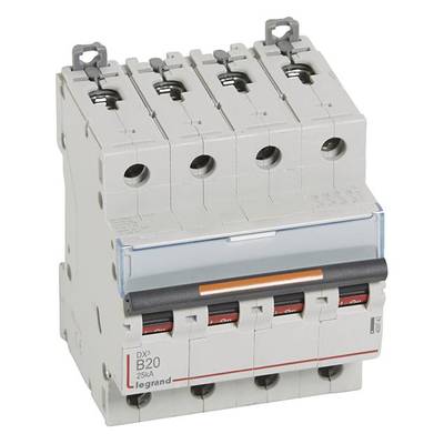 Leitungsschutzschalter mit vier Schaltern in einem grauen Gehäuse. Markierung zeigt "B20 25 kA". Verwendet zum Schutz elektrischer Leitungen.