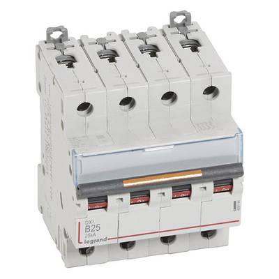 Ein grauer Vierfach-Leistungsschutzschalter mit Aufschrift 'B25 25A'. Er ist für elektrische Schutzschaltungen geeignet.