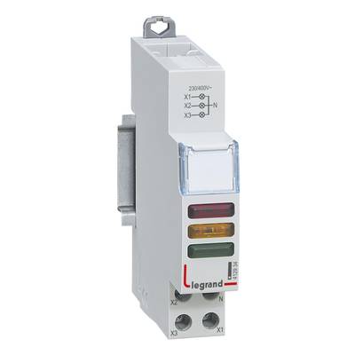 Ein dreiphasiger Spannungswächter von Legrand, mit Kontrollleuchten für Phasenzustände in einem grauen Gehäuse. Geeignet für 230/400V.