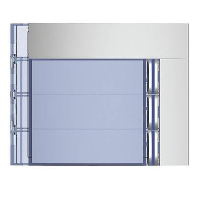 Zeichnung eines modernen Türscharniers mit mehreren beweglichen Teilen und blauer Farbgebung, geeignet für Glastüren.