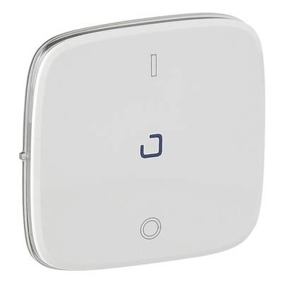 Ein quadratischer, weißer, kabelloser Lichtschalter mit einem zentralen Symbol und einem kleinen Button darunter. Ideal für smartes Wohnen.