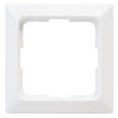 Ein weißer, quadratischer Kunststoffrahmen zur Befestigung an einer Wand, mit abgerundeten Kanten und vier Befestigungsöffnungen.