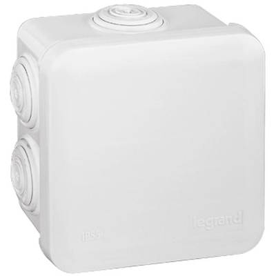 Ein rechteckiges, weißes Gehäuse mit mehreren seitlichen Anschlüssen. Entworfen für elektrische Installationen, IP55-Schutzart.