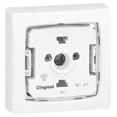 Lichtschalter ohne Abdeckung, zeigt eine weiße Grundplatte mit Schraubenlöchern und Markierungen für elektrische Spezifikationen.
