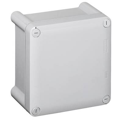 Eine graue elektrische Anschlussdose mit runden Kanten und Schraubbefestigungen an allen vier Ecken.