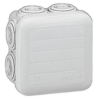 Eine graue, quadratische Abzweigdose mit mehreren runden Kabelöffnungen an den Seiten und der Aufschrift 'IP55 legrand'.