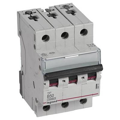 Ein dreipoliger Leistungsschalter mit Beschriftung 'B50' und 'legrand' auf der Vorderseite. Er ist für den Einsatz in elektrischen Schaltschränken konzipiert.
