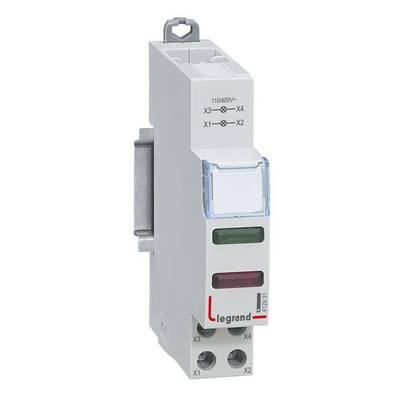 Ein Modul von Legrand mit Lichtanzeigen, das für elektrische Schalttafeln verwendet wird. Oben Schriftangabe '110/400V'.
