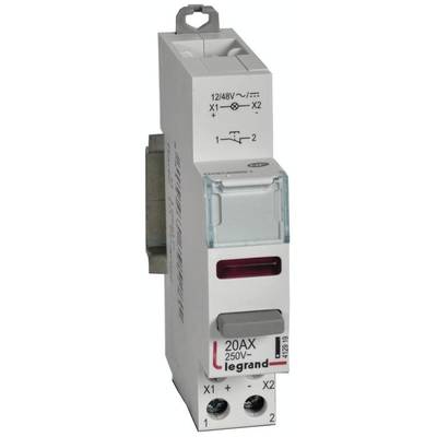 Ein weißer elektrischer Leistungsschalter der Marke Legrand mit roten und grauen Schaltern, gekennzeichnet mit '20AX 250V~', für Stromkreisschutz.