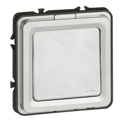 Ein quadratischer, metallisch aussehender Lichtschalter mit IP55-Schutzklasse, geeignet für Außenbereiche und feuchte Umgebungen.