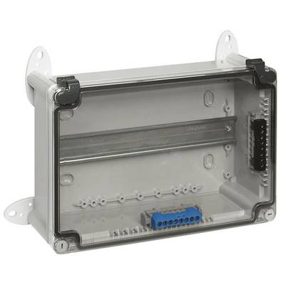 Ein rechteckiges, transparentes Kunststoffgehäuse für elektronische Komponenten mit Wandhalterungen und Anschlussklemmen.