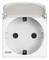 Weiße Schutzkontaktsteckdose mit Abdeckung im offenen Zustand, geeignet für den Einsatz in Innen- und Außenbereichen.