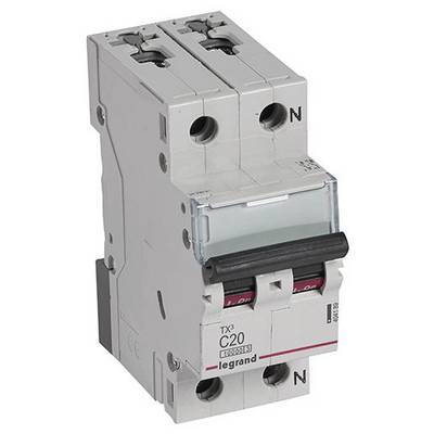 Ein zweipoliger Leistungsschalter mit der Aufschrift 'C20' und 'legrand', geeignet für den Schutz elektrischer Schaltungen.