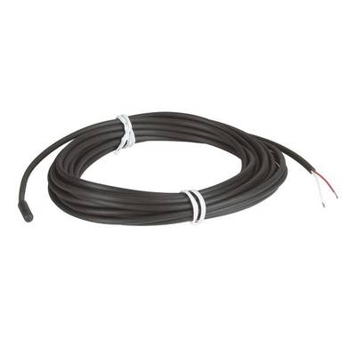 Schwarzes Kabel mit isolierter Spitze und offenen Enden, aufgerollt und mit zwei weißen Kabelbindern fixiert.