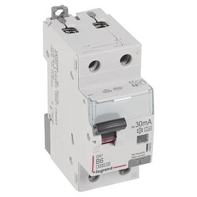Ein zweipoliger Sicherungsautomat der Marke Legrand, 30mA, B6 Typ. Er wird in elektrischen Schaltschränken zur Absicherung verwendet.