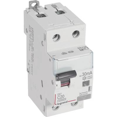 Ein weißer zweipoliger Leitungsschutzschalter von Legrand, Modell C20 mit 30mA. Verwendet für den Schutz elektrischer Installationen.