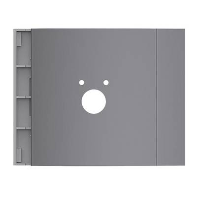 Eine graue Metallplatte mit runden Ausschnitten in der Mitte, die an ein stilisiertes Gesicht erinnern. Links sind eingebettete rechteckige Elemente sichtbar.