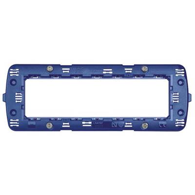 Blauer rechteckiger Plastikrahmen mit Schraublöchern und Befestigungselementen, verwendet zur Installation von elektrischen Schaltern.
