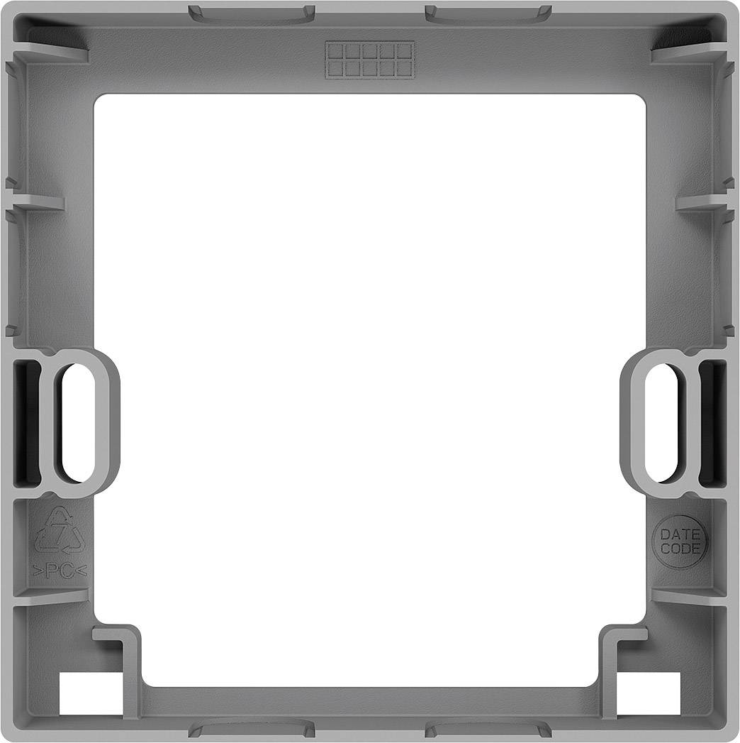 Kunststoffgehäuserahmen, quadratisch, grau, mit speziellen Öffnungen und Clips zum Einbau von elektrischen Komponenten.