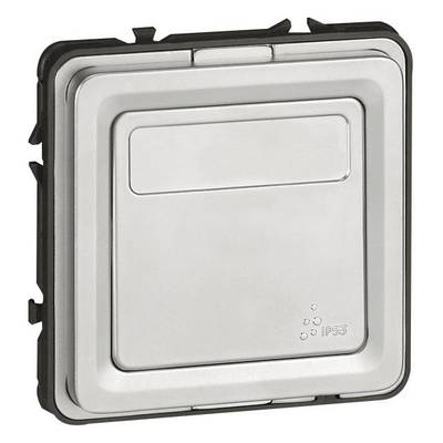 'Quadratischer Steckdosenrahmen aus Metall mit Schutzklasse IP55, geeignet für feuchte Umgebungen. Silberne Oberfläche, moderner Stil.'