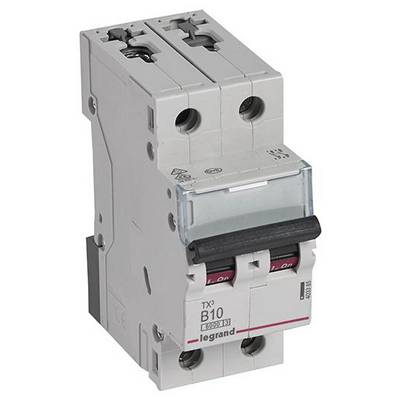 Ein grauer, zweipoliger Schutzschalter mit der Aufschrift 'B10' auf der Vorderseite, hergestellt von legrand.