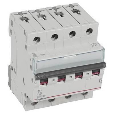 Ein vierpoliger Leistungsschutzschalter der Marke Legrand, Modell TX3 B6, zur Absicherung elektrischer Stromkreise in Gebäuden.