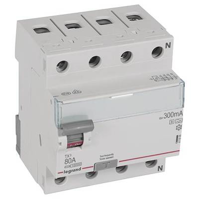 Ein vierpoliger Schutzschalter mit einem Nennstrom von 80A und einer Auslöseempfindlichkeit von 300 mA für Schutz von elektrischen Anlagen.