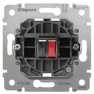 Ein elektrischer Schalter von Legrand mit zwei Kippschaltern, einem schwarzen und einem roten, zur Steuerung von Stromkreisen bei maximal 50V.