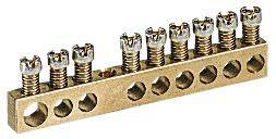 Block mit acht verstellbaren Schrauben, geeignet zur Befestigung elektrischer Leitungen. Hergestellt aus einem goldfarbenen Metall.