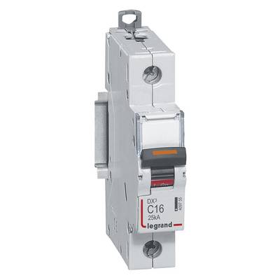 Ein einpoliger Leistungsschalter von Legrand, Modell DX3 C16 25kA, in einer hellgrauen Kunststoffhülle.