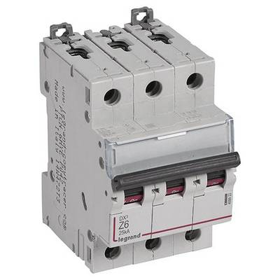 Ein dreipoliger, grauer Sicherungsautomat mit roten Schaltern und dem Aufdruck 'DX3 Z6 25kA legrand'. Hauptsächlich zur Stromkreissicherung.